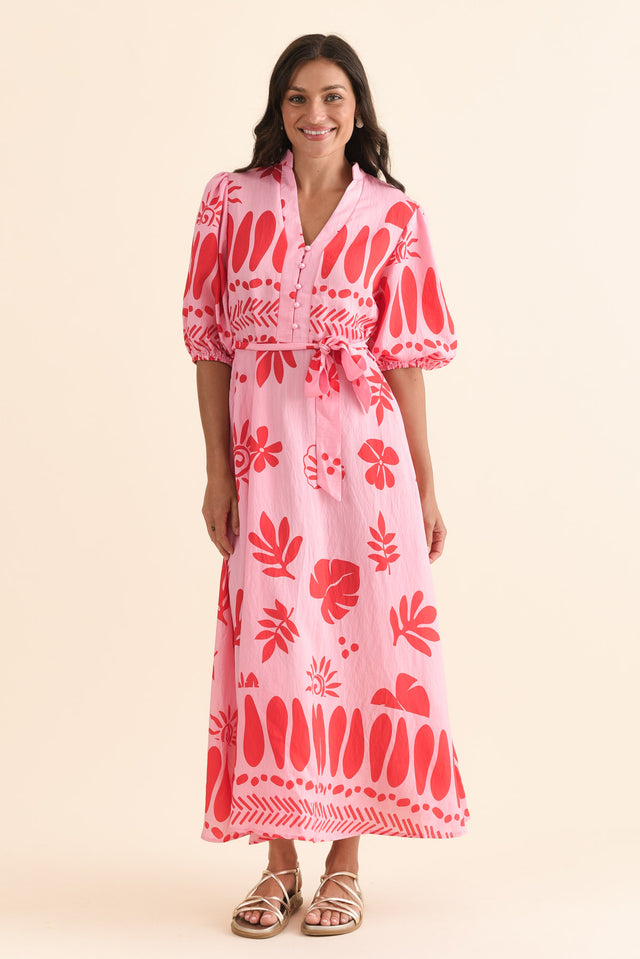 Winsome Pink Tropical Cotton Tie Dress,Full Body,Brunette model,alt text|model:Brontie image 6