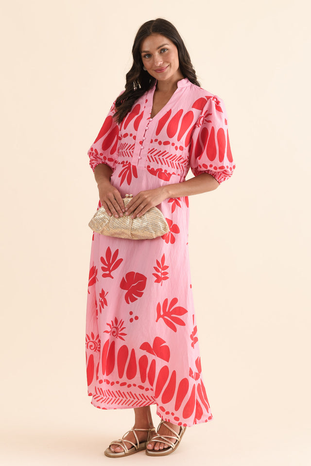 Winsome Pink Tropical Cotton Tie Dress,Front,Brunette model,alt text|model:Brontie image 1