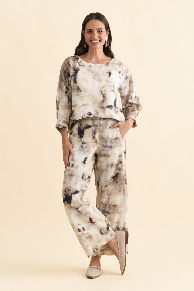 Xandra Taupe Abstract Linen Pocket Pants,Brunette model,alt text|model:MJ image 7
