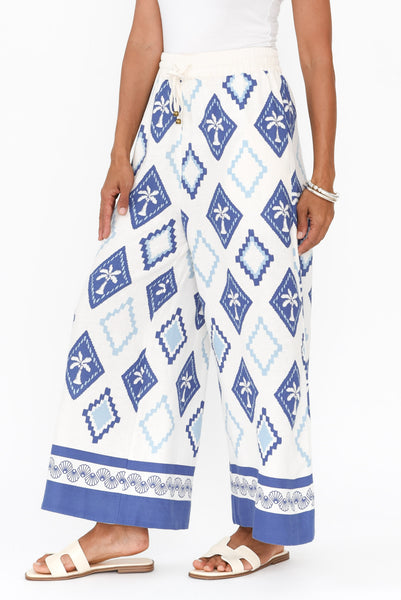 Tropical Palm Tree Wide Leg Linen Pants - Cream/Blue main image 1