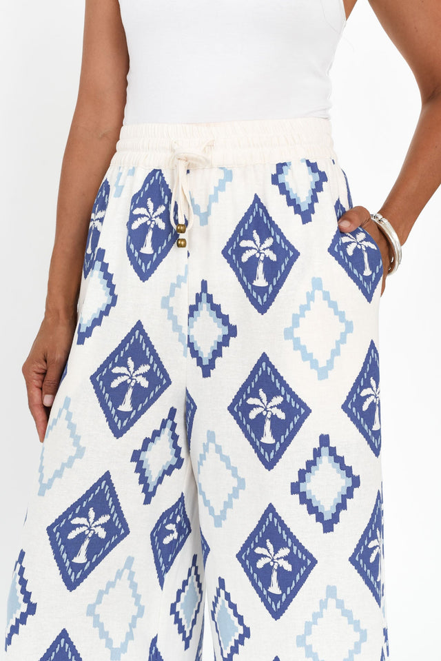 Yara Blue Palm Linen Pants,Brunette model,alt text|model:Cara image 6