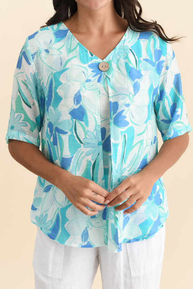 Yasmin Blue Floral Layered Button Top,Brunette model,alt text|model:Brontie image 7