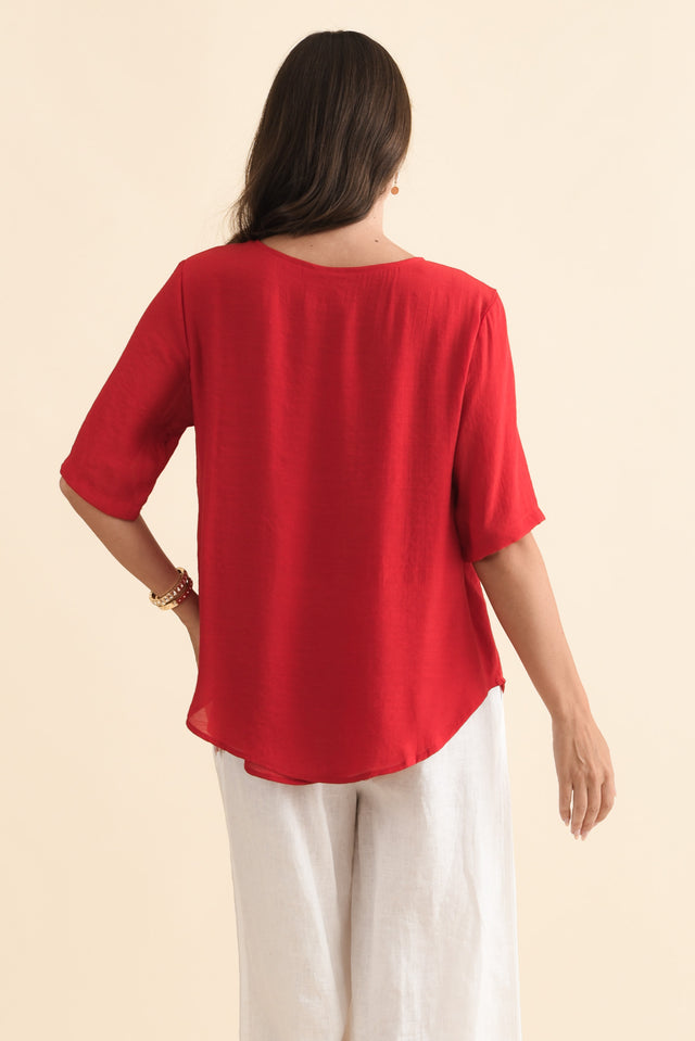 Yasmin Red Layered Button Top,Brunette model,alt text|model:MJ image 5