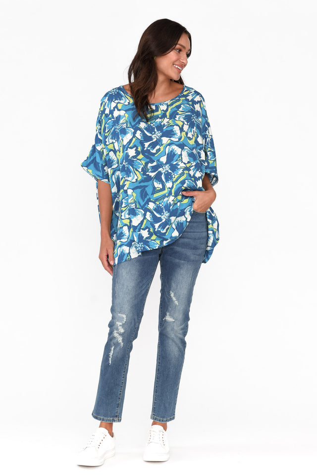 Yesenia Blue Floral Drape Top
