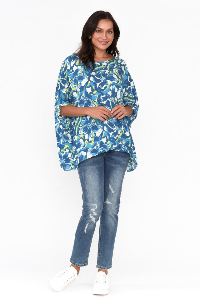 Yesenia Blue Floral Drape Top