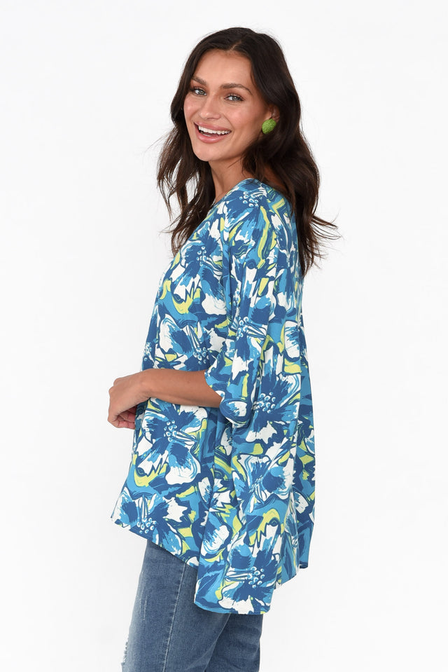 Yesenia Blue Floral Drape Top
