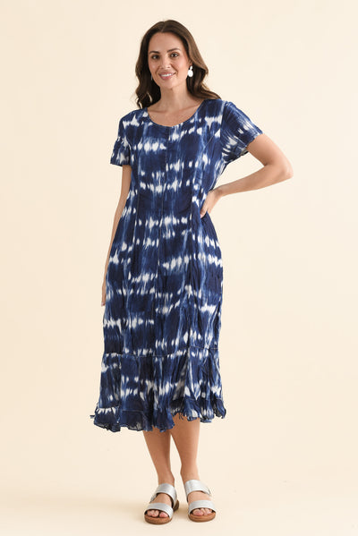 Yuki Navy Tie Dye Crinkle Cotton Dress