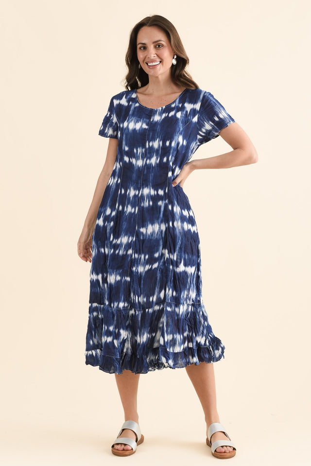 Yuki Navy Tie Dye Crinkle Cotton Dress,Full Body,Brunette model,alt text|model:MJ image 6