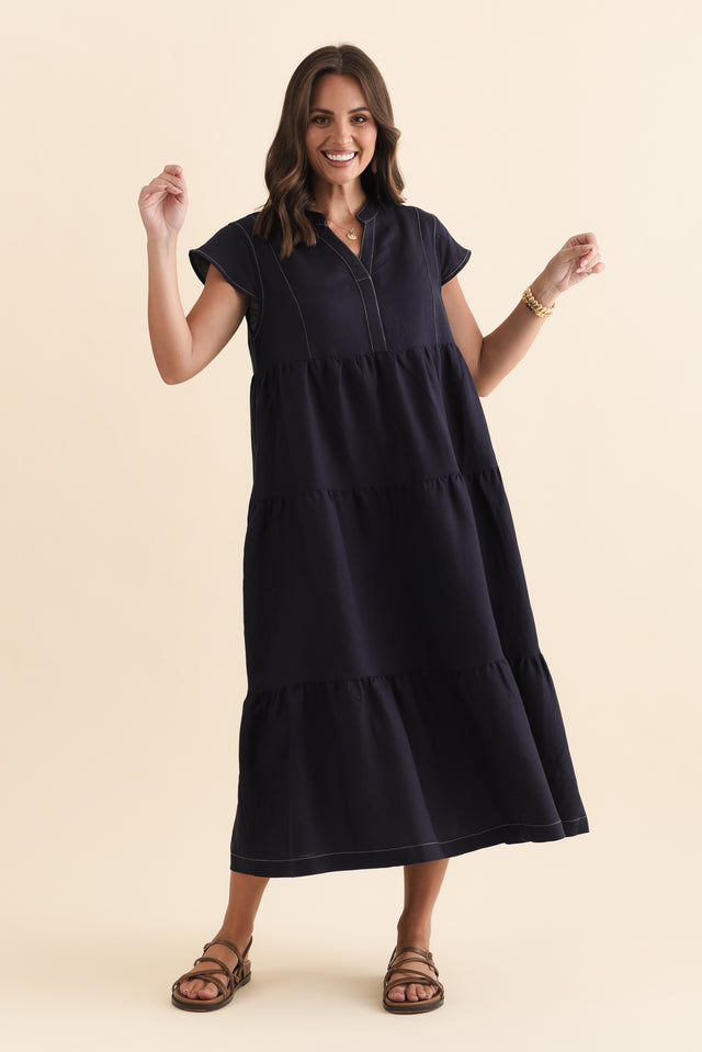 Yvette Navy Contrast Linen Blend Dress,Brunette model,alt text|model:MJ image 4