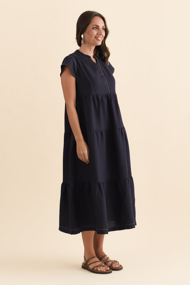 Yvette Navy Contrast Linen Blend Dress,Brunette model,alt text|model:MJ image 5
