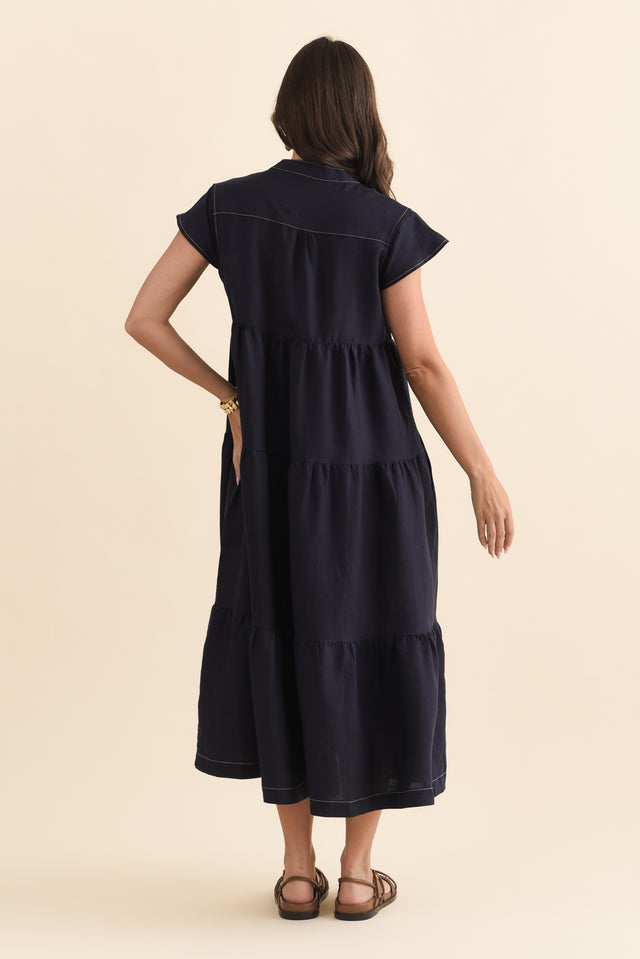 Yvette Navy Contrast Linen Blend Dress,Brunette model,alt text|model:MJ image 6