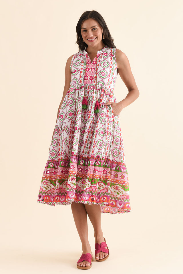 Zackary Pink Mosaic Cotton Sleeveless Dress,Front,Brunette model,alt text|model:Brontie image 1