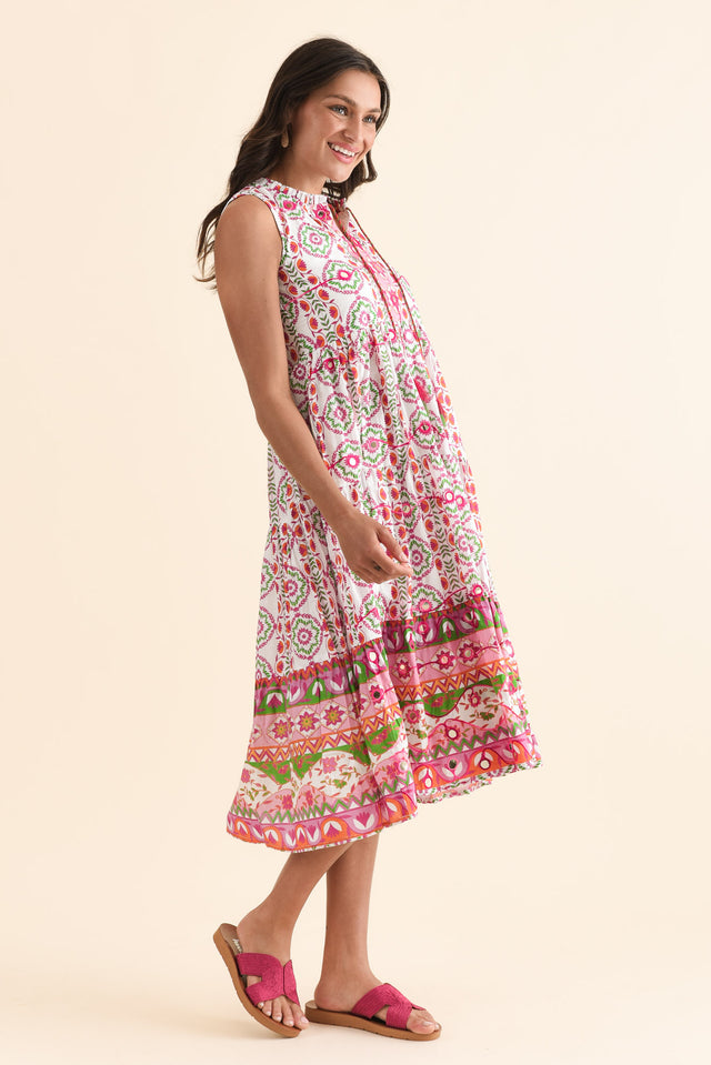 Zackary Pink Mosaic Cotton Sleeveless Dress,Side,Brunette model,alt text|model:Brontie image 3