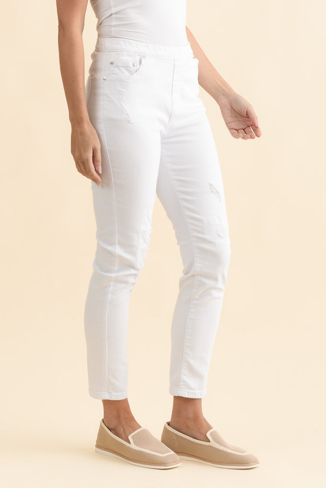 Zadie Distressed White Stretch Jeans,Brunette model,alt text|model:MJ image 5
