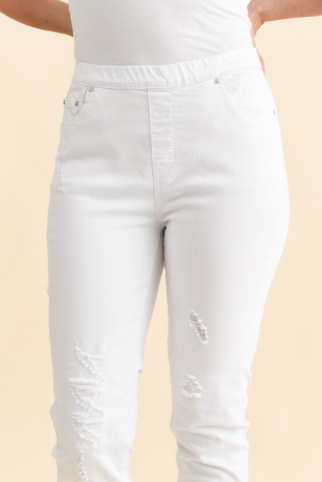 Zadie Distressed White Stretch Jeans,Brunette model,alt text|model:MJ image 7
