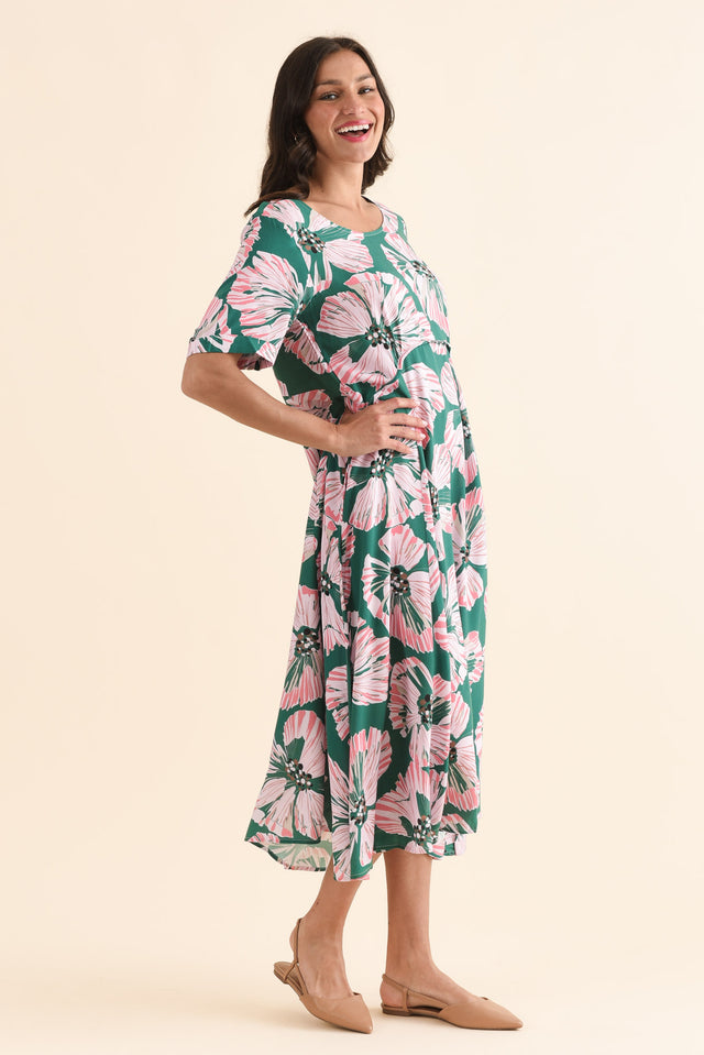 Zaelia Green Floral Crescent Dress,Side,Brunette model,alt text|model:Brontie image 3