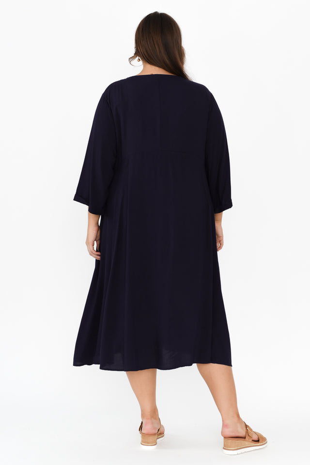 Zaelia Navy Sleeved Crescent Dress,Brunette model,alt text|model:Gabby image 10