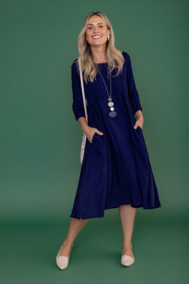 Zaelia Navy Sleeved Crescent Dress,Lifestyle image 1