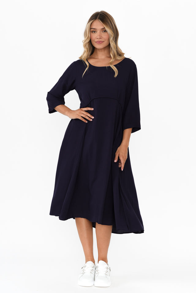 Zaelia Navy Sleeved Crescent Dress,Blonde model,alt text|model:Mollie image 2