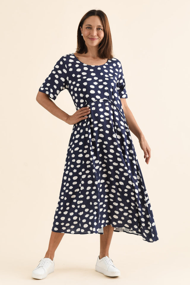 Zaelia Navy Spot Crescent Dress,Full Body,Brunette model,alt text|model:Cara image 7