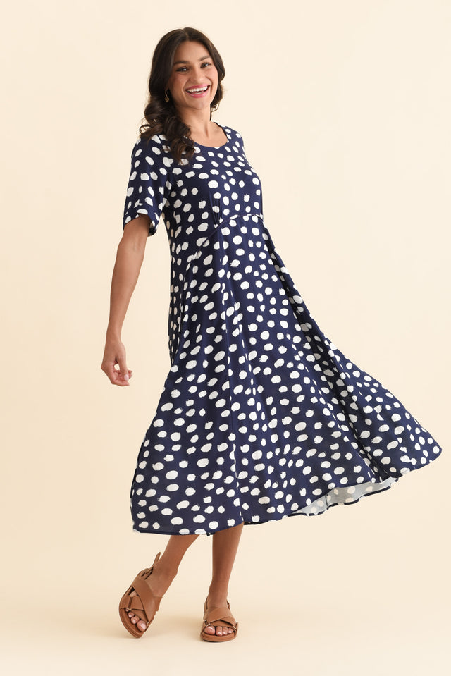 Zaelia Navy Spot Crescent Dress,Brunette model,alt text|model:Brontie image 7