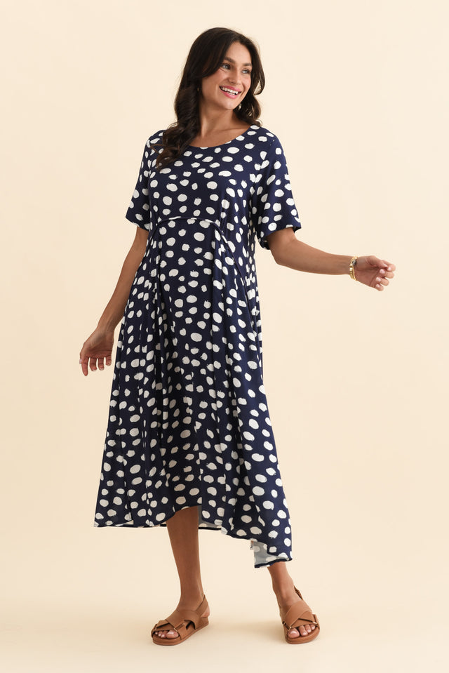 Zaelia Navy Spot Crescent Dress,Brunette model,alt text|model:Brontie image 3