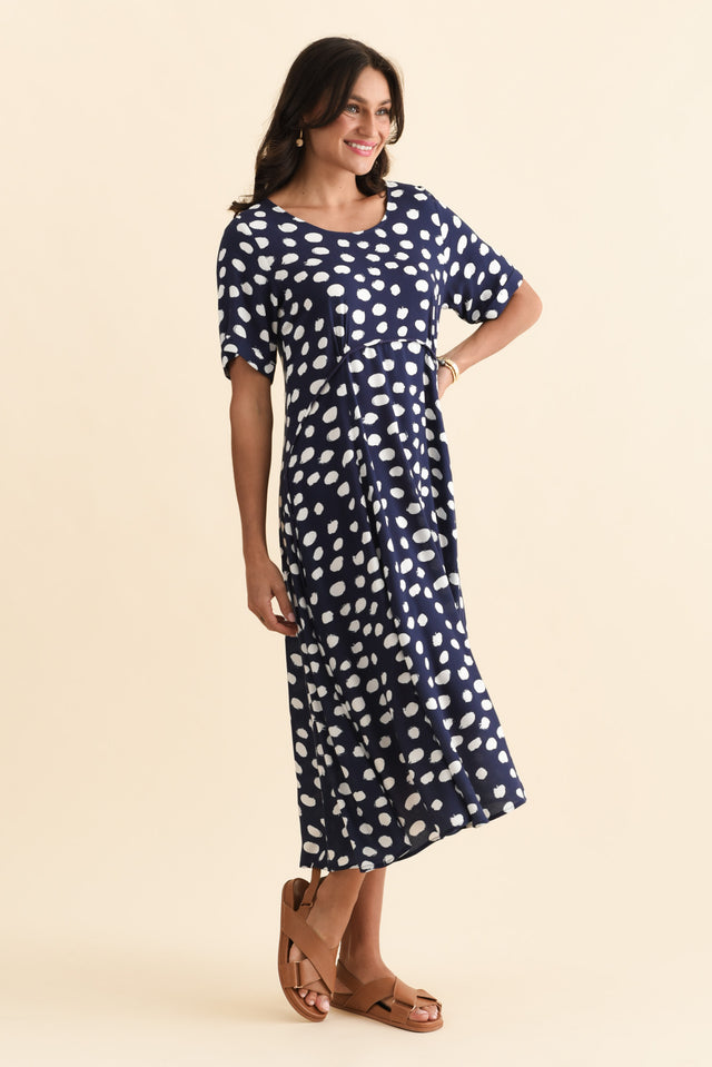 Zaelia Navy Spot Crescent Dress,Brunette model,alt text|model:Brontie image 4