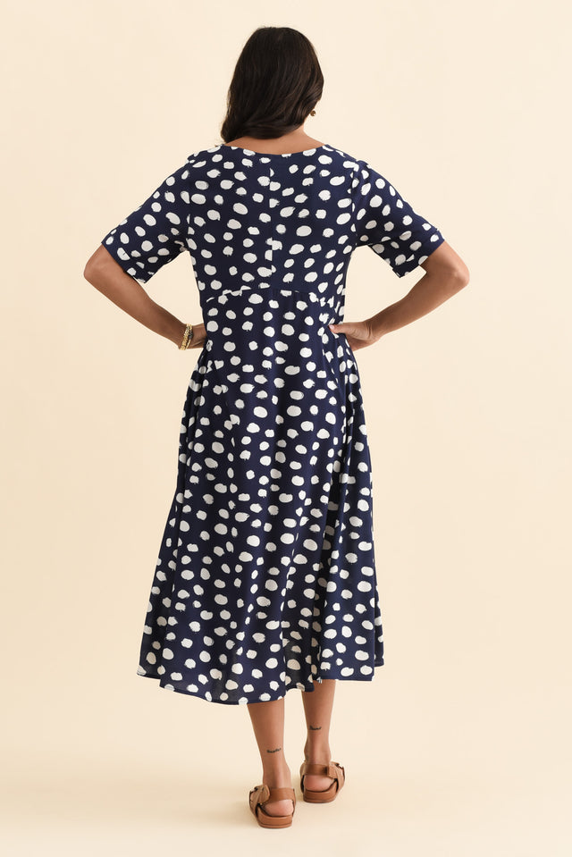 Zaelia Navy Spot Crescent Dress,Brunette model,alt text|model:Brontie image 5