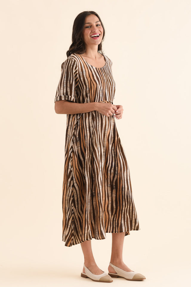 Zaelia Tan Zebra Crescent Dress,Side,Brunette model,alt text|model:Brontie image 3