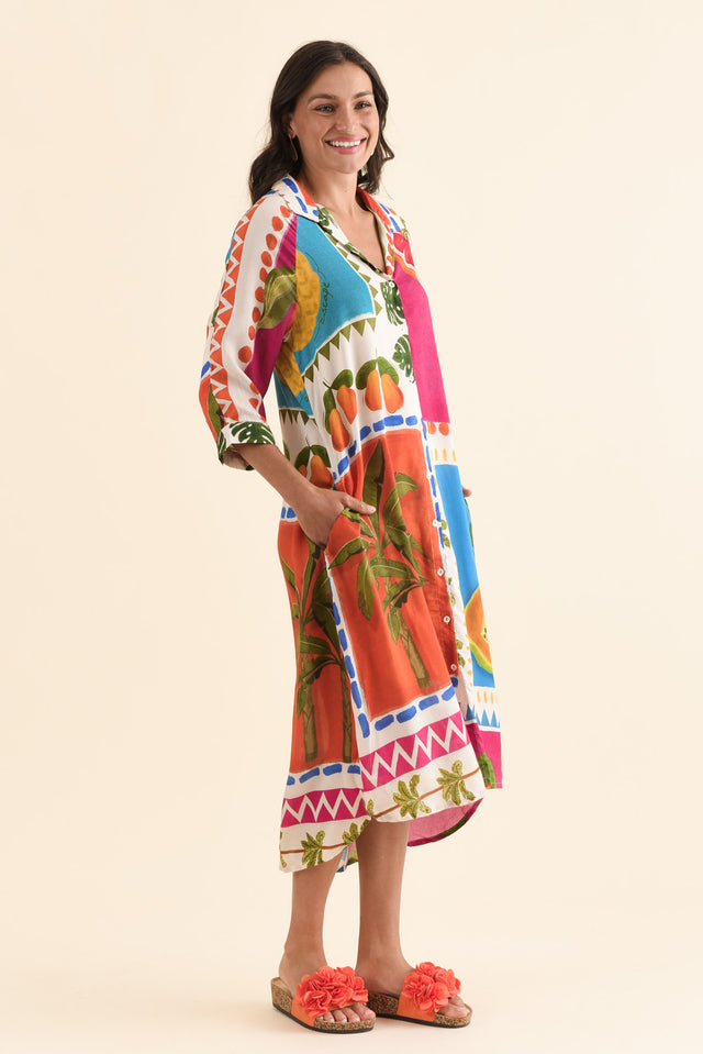 Zinnia Blue Tropical Shirt Dress,Side,Brunette model,alt text|model:Brontie image 3