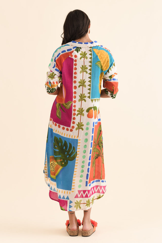 Zinnia Blue Tropical Shirt Dress,Back,Brunette model,alt text|model:Brontie image 4