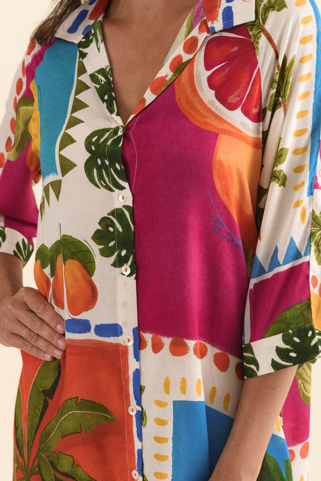 Zinnia Blue Tropical Shirt Dress,Detail,Brunette model,alt text|model:Brontie image 5