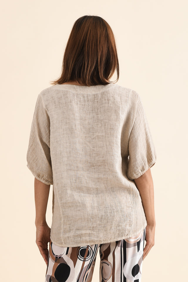 Ziola Beige Linen Cotton Top,Back,Brunette model,alt text|model:Cara image 4