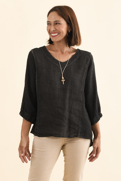 Ziola Black Linen Cotton Sleeved Top