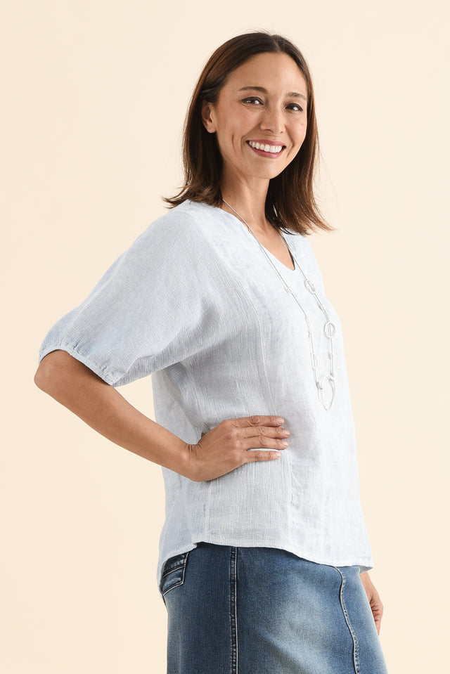 Ziola Light Blue Linen Cotton Top,Side,Brunette model,alt text|model:Cara image 3