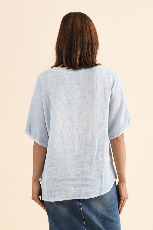 Ziola Light Blue Linen Cotton Top,Back,Brunette model,alt text|model:Cara image 4