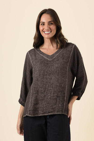 Ziola Mocha Linen Cotton Sleeved Top