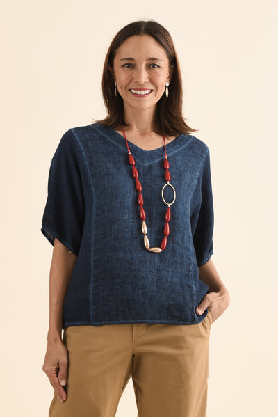 Ziola Navy Linen Cotton Top