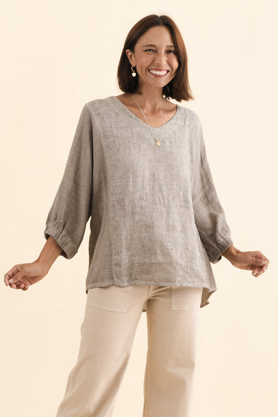 Ziola Taupe Linen Cotton Sleeved Top