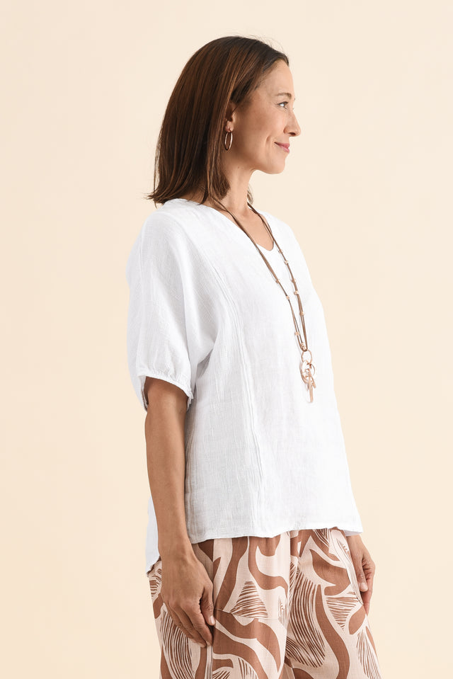Ziola White Linen Cotton Top,Side,Brunette model,alt text|model:Cara image 4