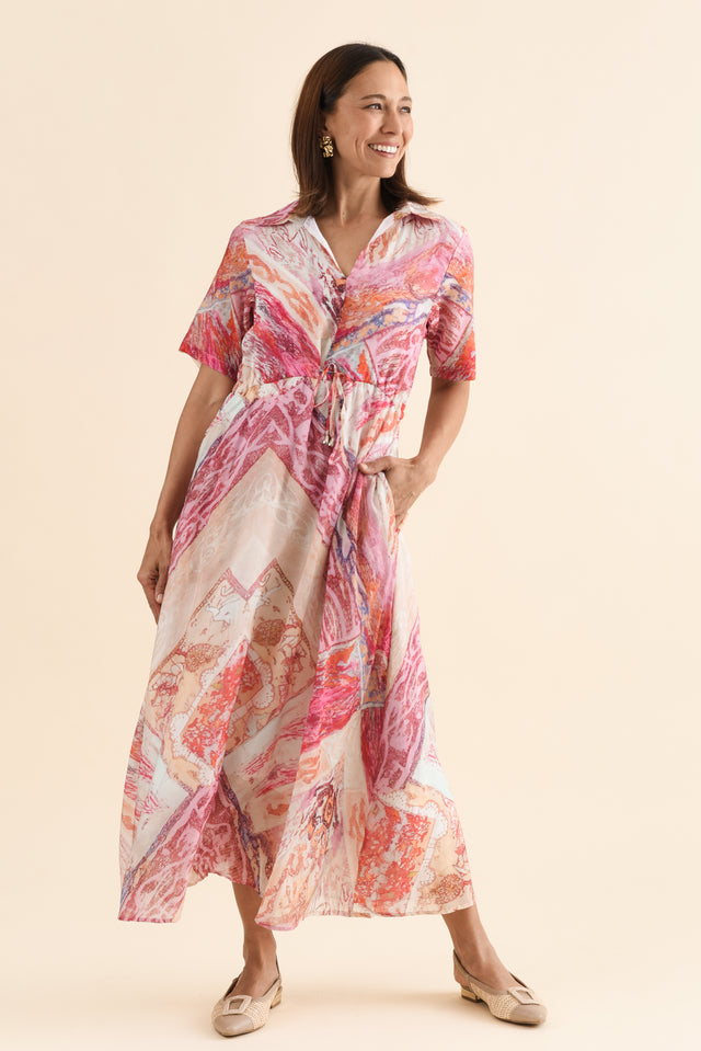 Zoya Pink Abstract Pocket Tie Dress,Full Body,Brunette model,alt text|model:Cara