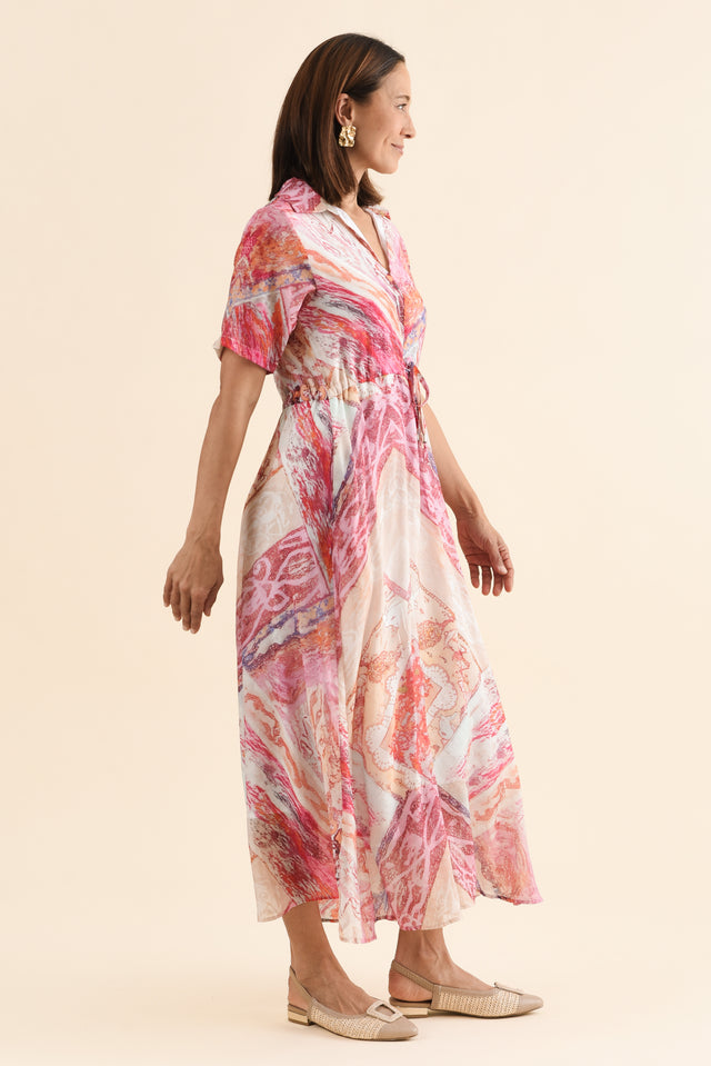 Zoya Pink Abstract Pocket Tie Dress,Side,Brunette model,alt text|model:Cara image 4