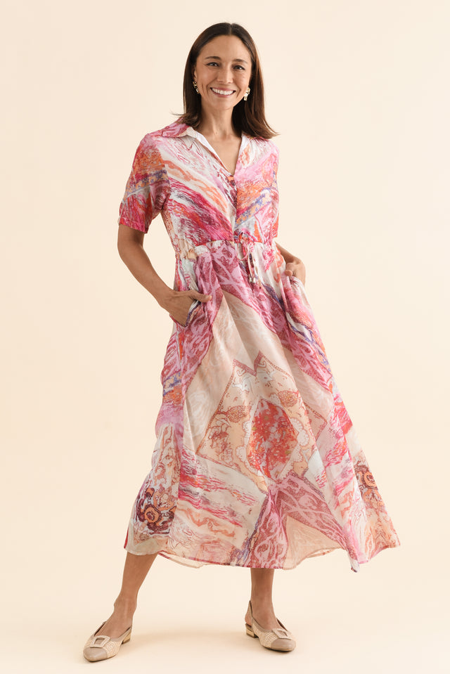 Zoya Pink Abstract Pocket Tie Dress,Full Body,Brunette model,alt text|model:Cara image 7