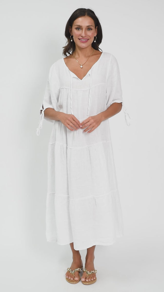 Prairie White Gathered Linen Dress thumbnail 2