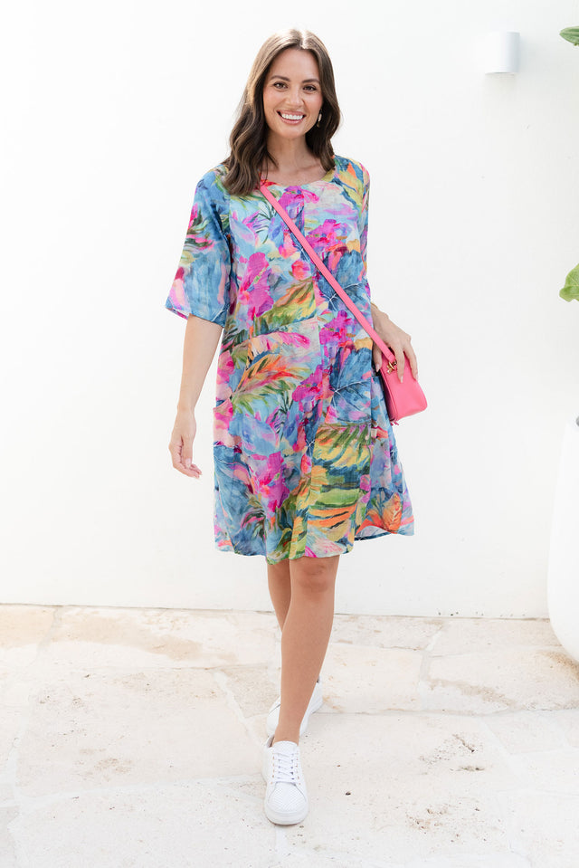 Lilibet Blue Tropical Cotton Pocket Dress