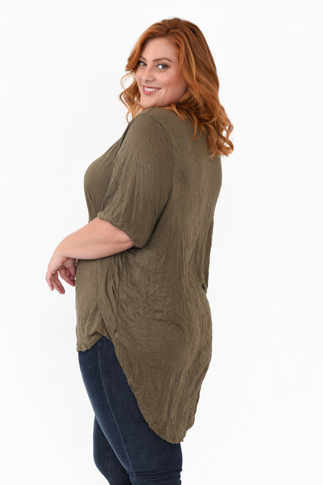 Agnes Khaki Crinkle Cotton Hi Lo Top