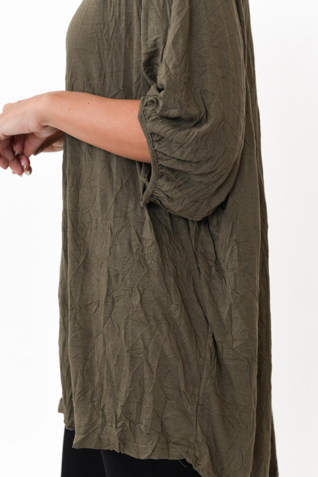 Agnes Khaki Crinkle Cotton Hi Lo Top