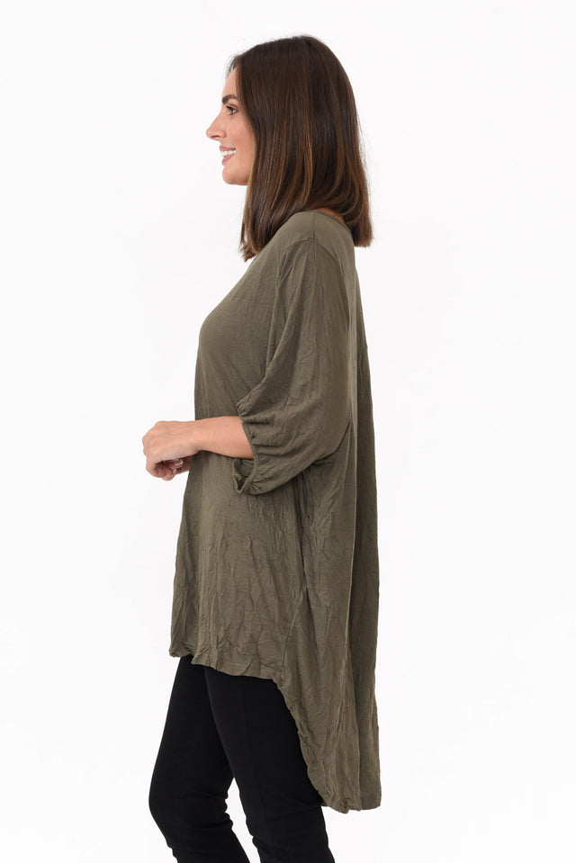 Agnes Khaki Crinkle Cotton Hi Lo Top