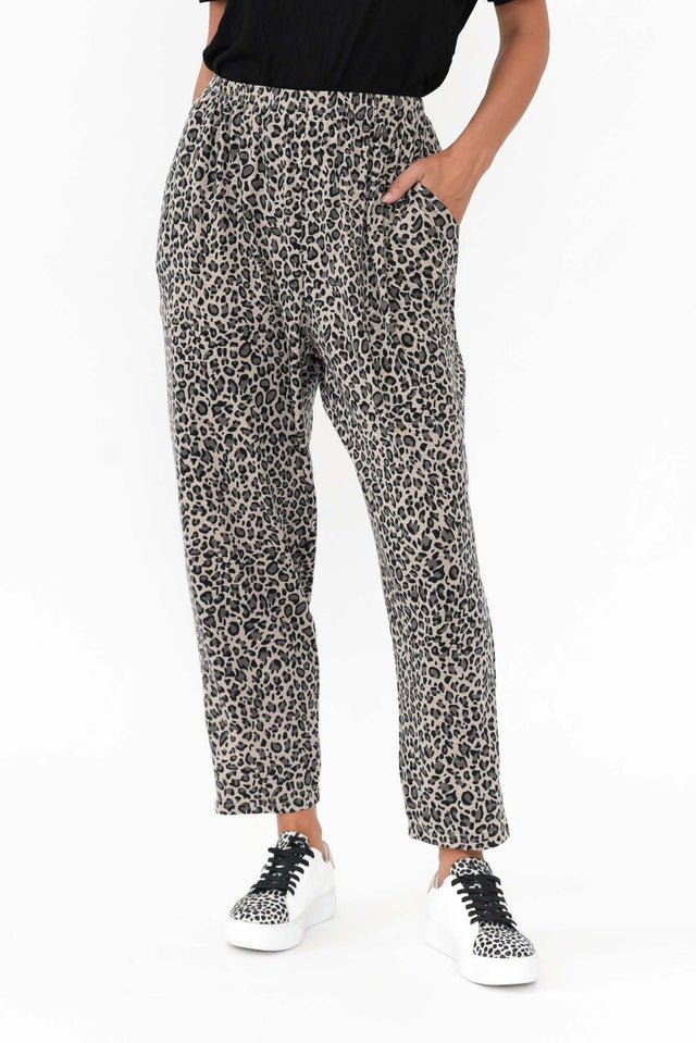 Allora Brown Leopard Stretch Pant   alt text|model:MJ;wearing:S/M image 1