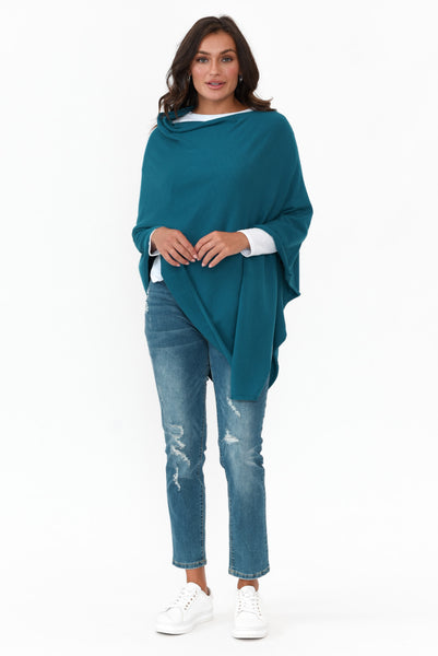 Amy Teal Wool Blend Poncho - Blue Bungalow